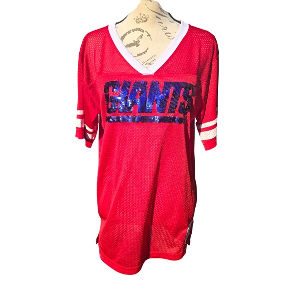 PINK Victoria's Secret NFL NY Giants Sequin Red Jersey Football T-Shirt Medium - Picture 1 of 7
